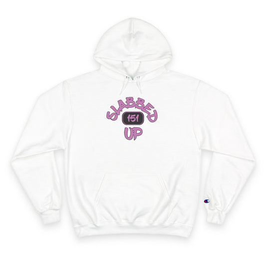 White Champion hoodie with purple logo for card collectors